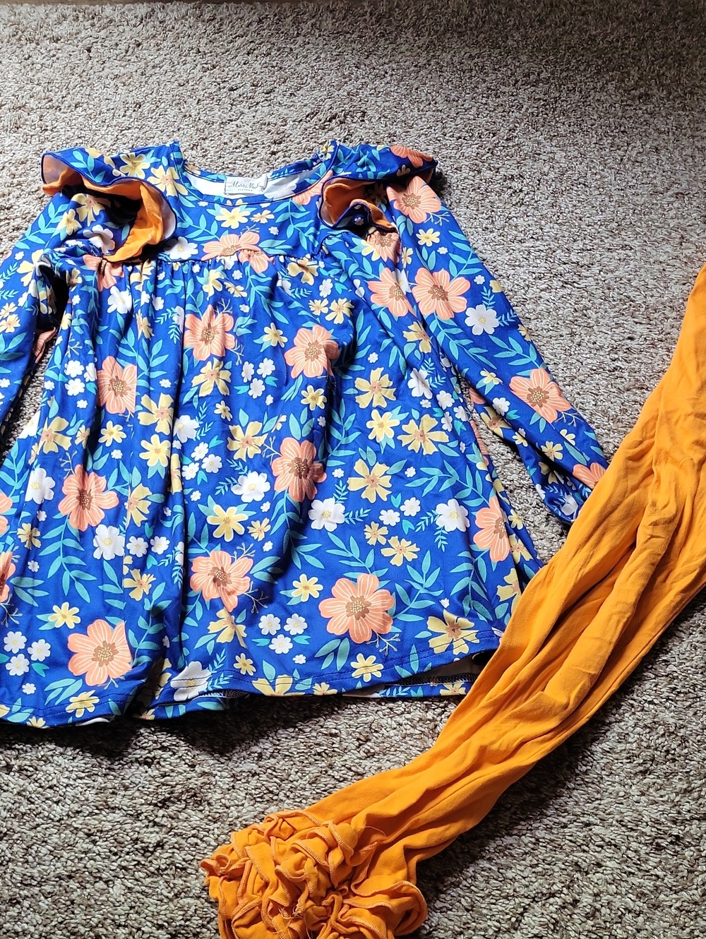 Blue Floral Long-Sleeve Ruffle Top for Kids - Orange Floral Print